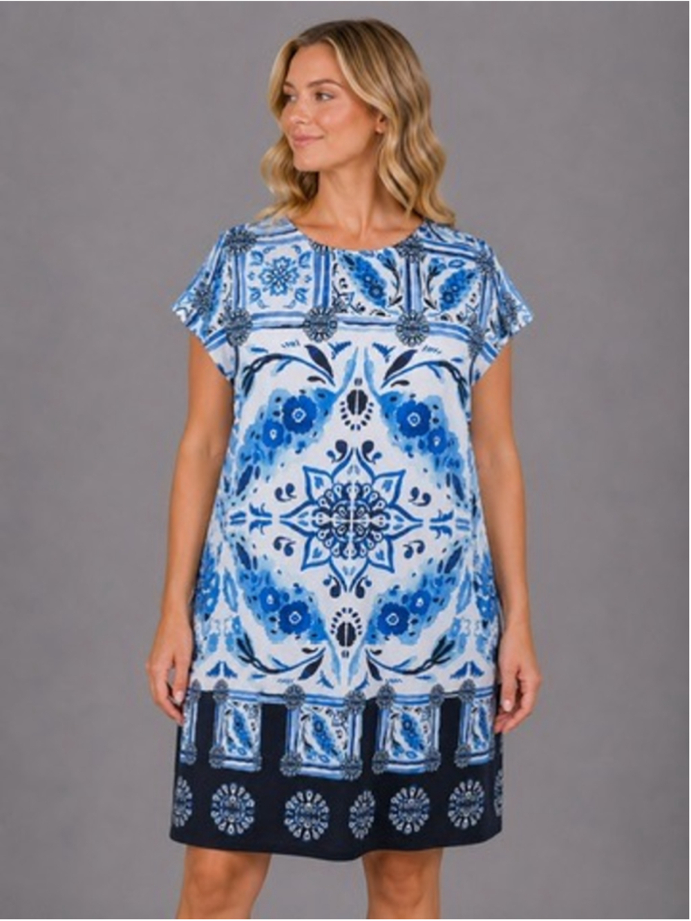 Mely New York Blue White Tile Print Shift Dress Mediterranean Beachy Size XL - Picture 1 of 10
